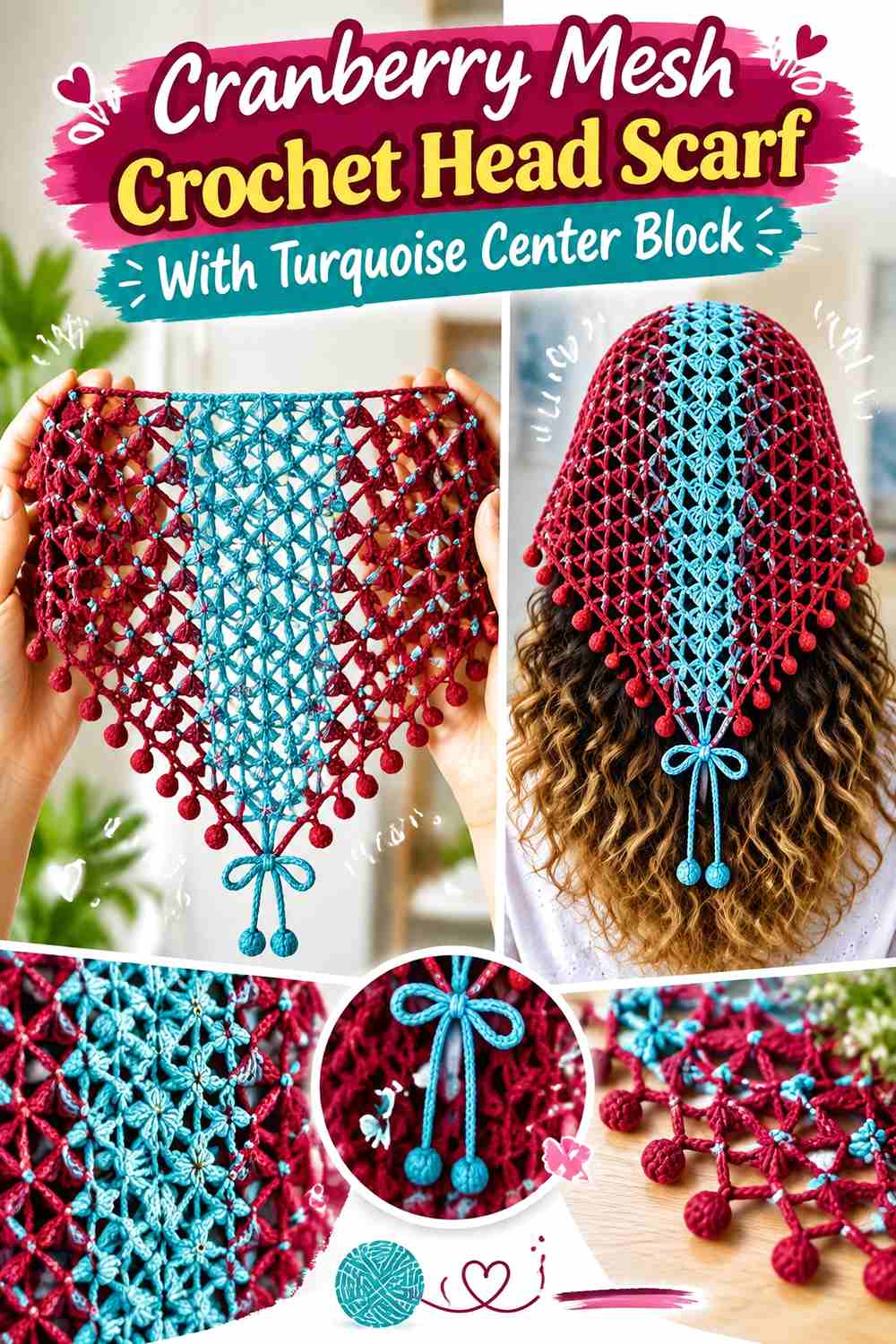 12. Cranberry Mesh Crochet Head Scarf With Turquoise Center Block