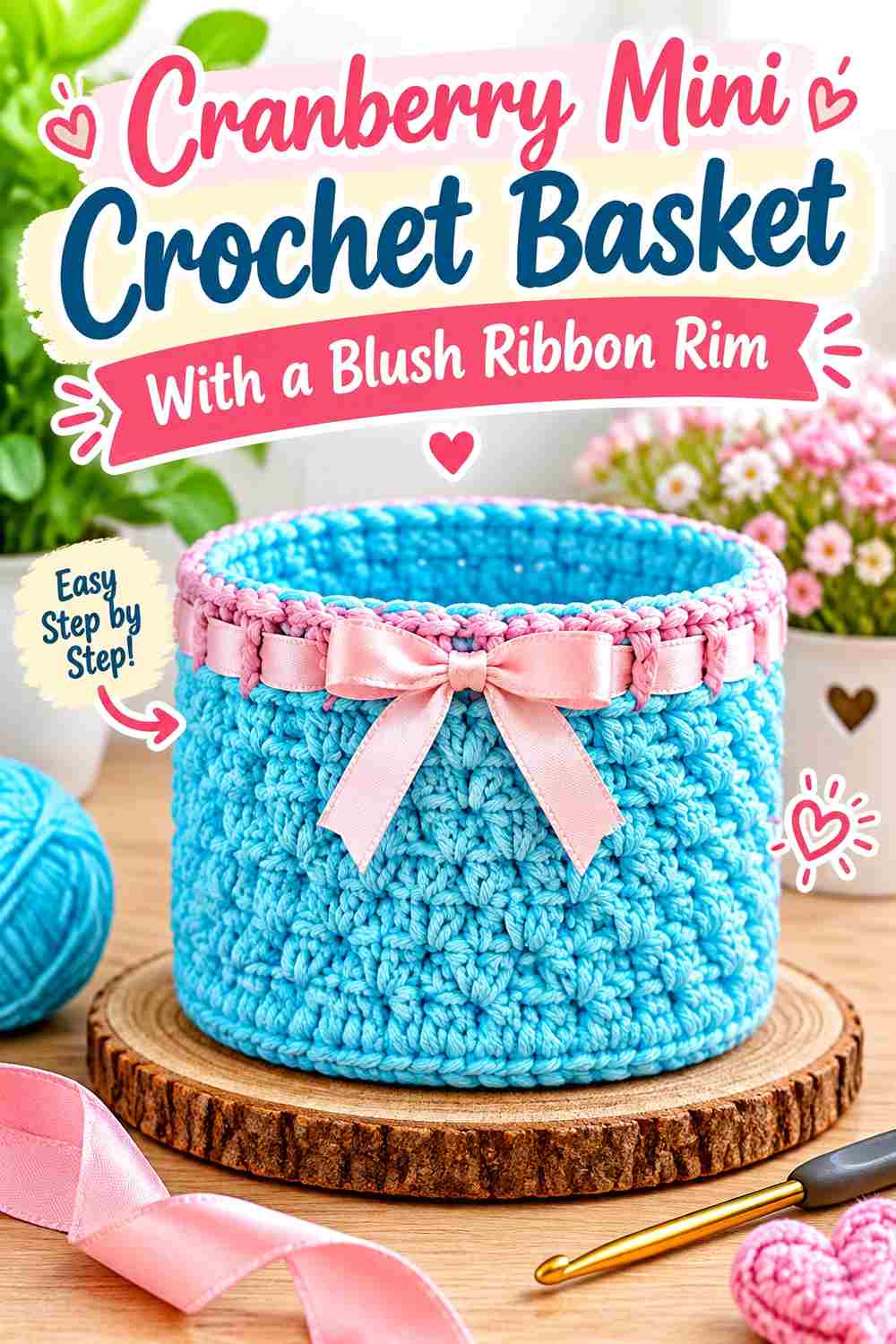 7. Cranberry Mini Crochet Basket With A Blush Ribbon Rim