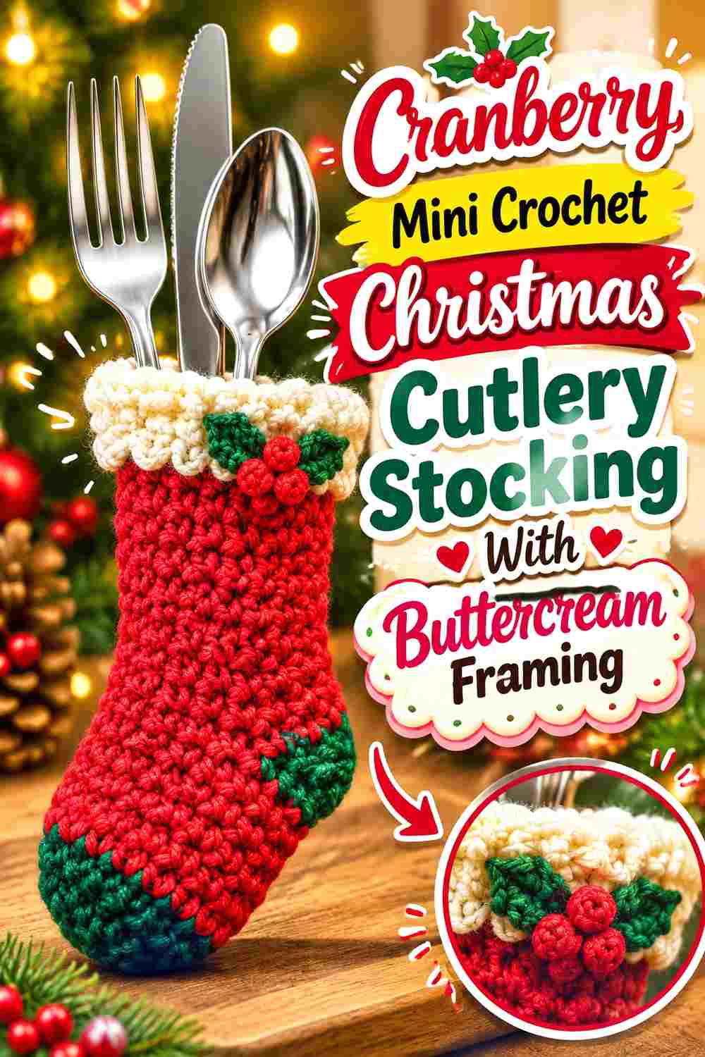 9. Cranberry Mini Crochet Christmas Cutlery Stocking With Buttercream Framing