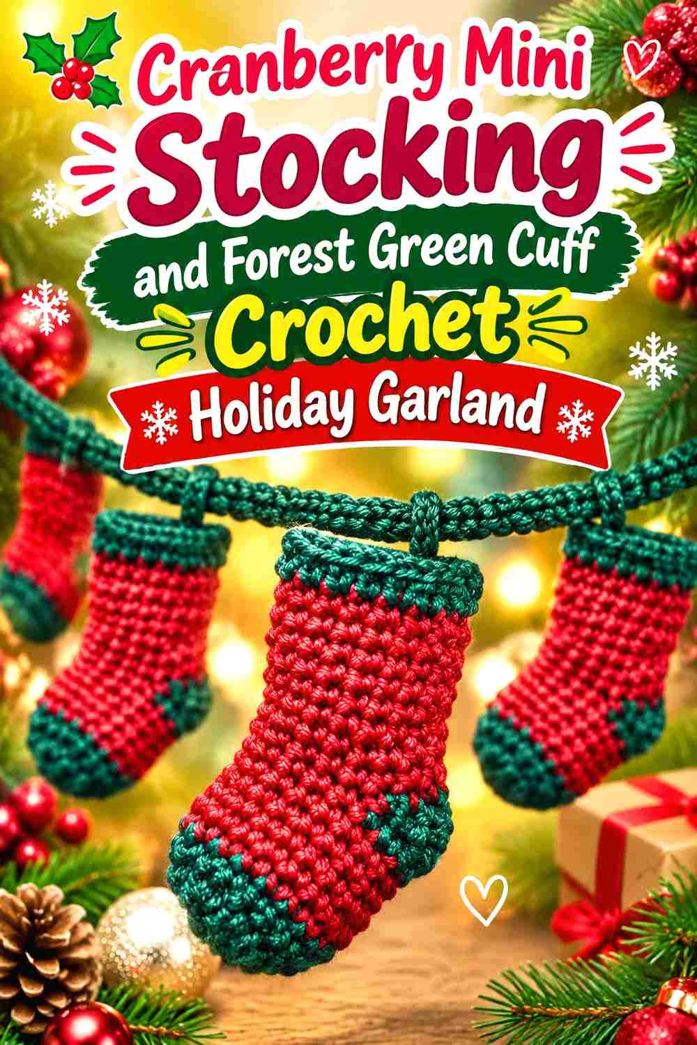 3. Cranberry Mini Stocking And Forest Green Cuff Crochet Holiday Garland