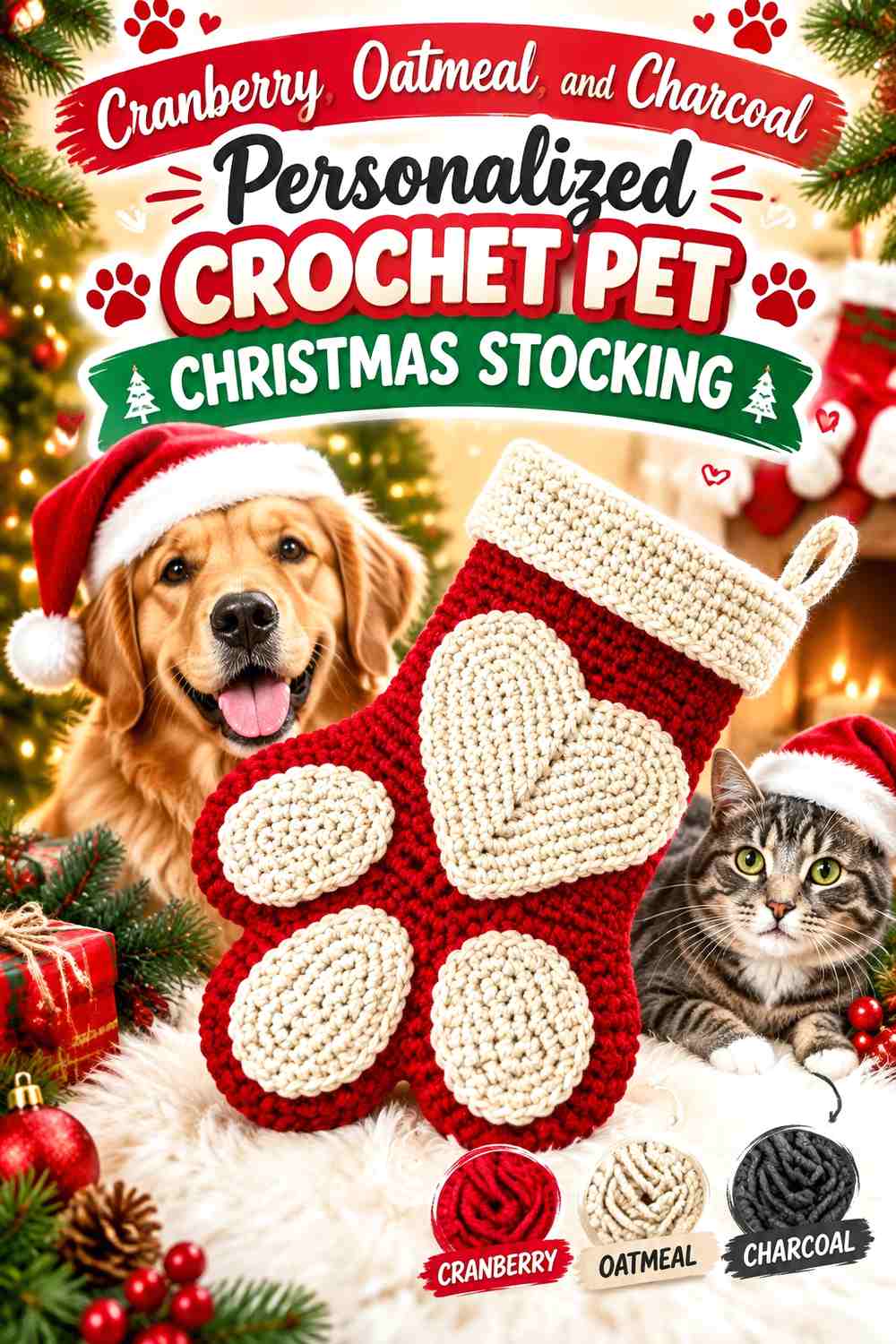 Cranberry, Oatmeal, and Charcoal Personalized Crochet Pet Christmas Stocking