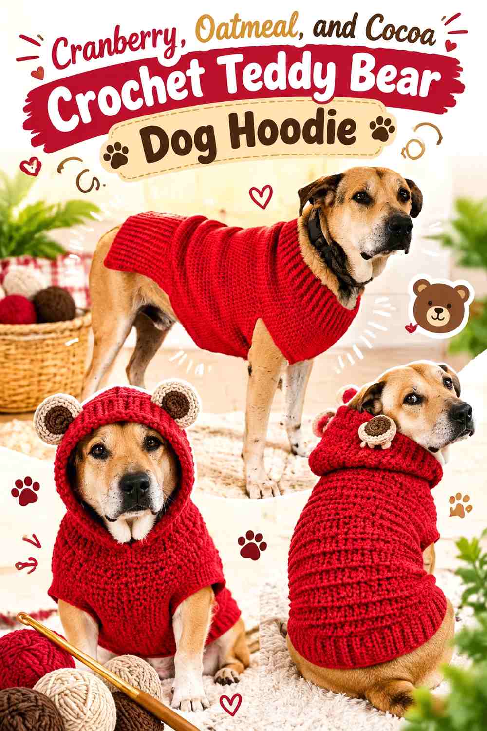 Cranberry, Oatmeal, and Cocoa Crochet Teddy Bear Dog Hoodie
