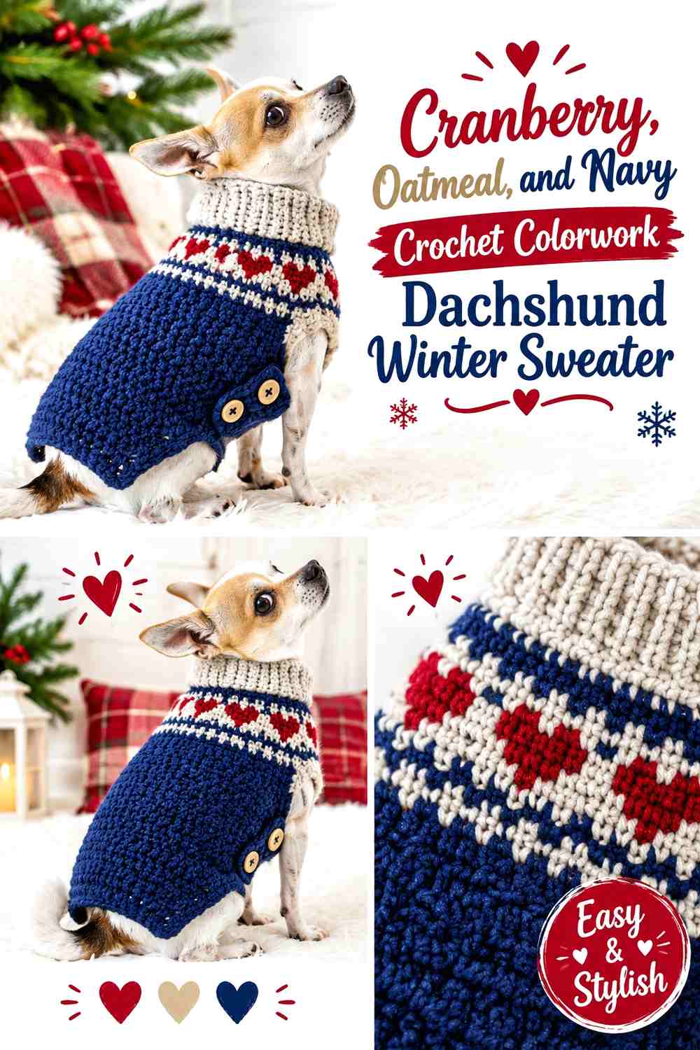 Cranberry, Oatmeal, and Navy Crochet Colorwork Dachshund Winter Sweater
