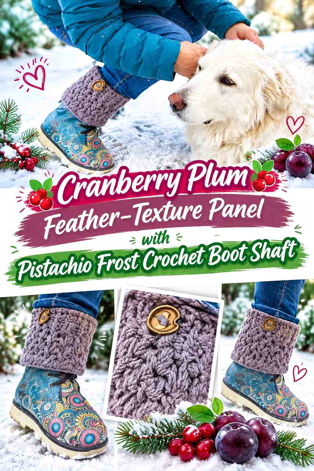 Cranberry Plum Feather-Texture Panel with Pistachio Frost Crochet Boot Shaft