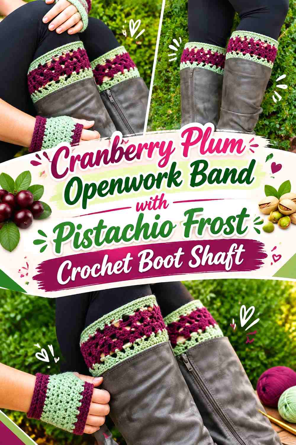 Cranberry Plum Openwork Band with Pistachio Frost Crochet Boot Shaft