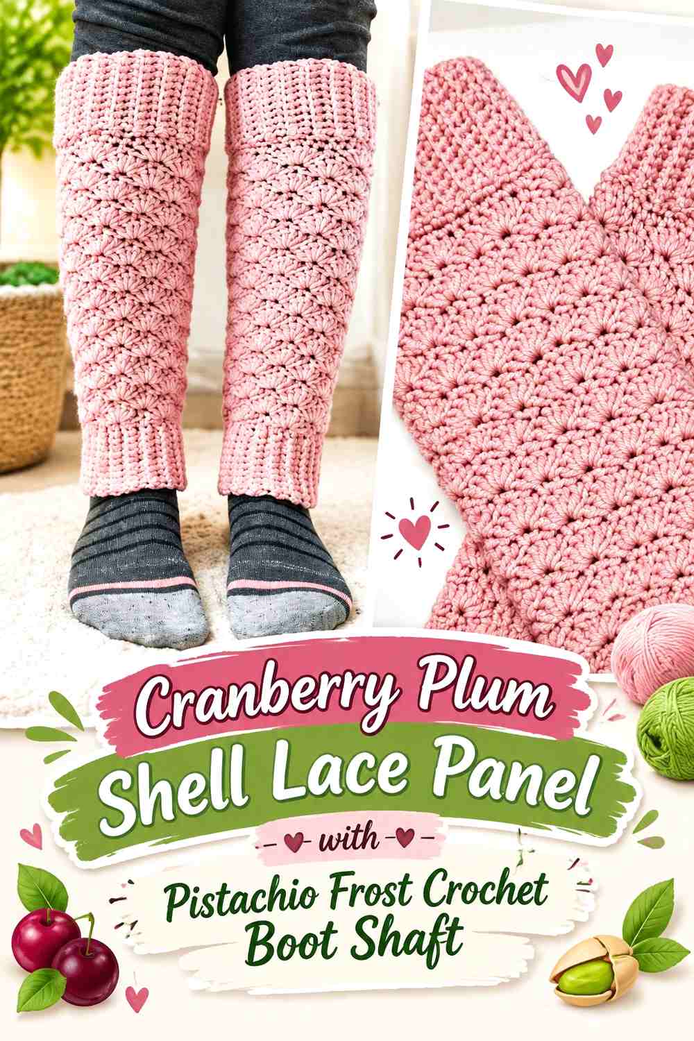 Cranberry Plum Shell Lace Panel with Pistachio Frost Crochet Boot Shaft