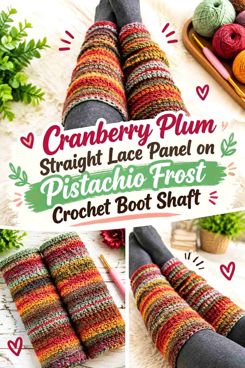 Cranberry Plum Straight Lace Panel on Pistachio Frost Crochet Boot Shaft