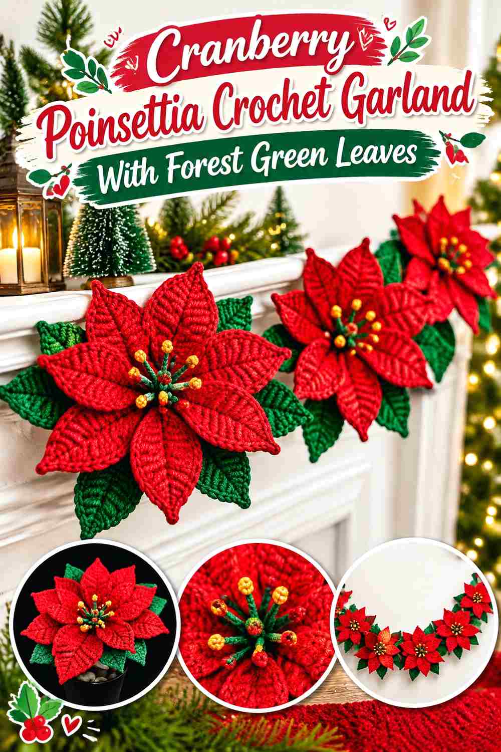 12. Cranberry Poinsettia Crochet Garland With Forest Green Leaves