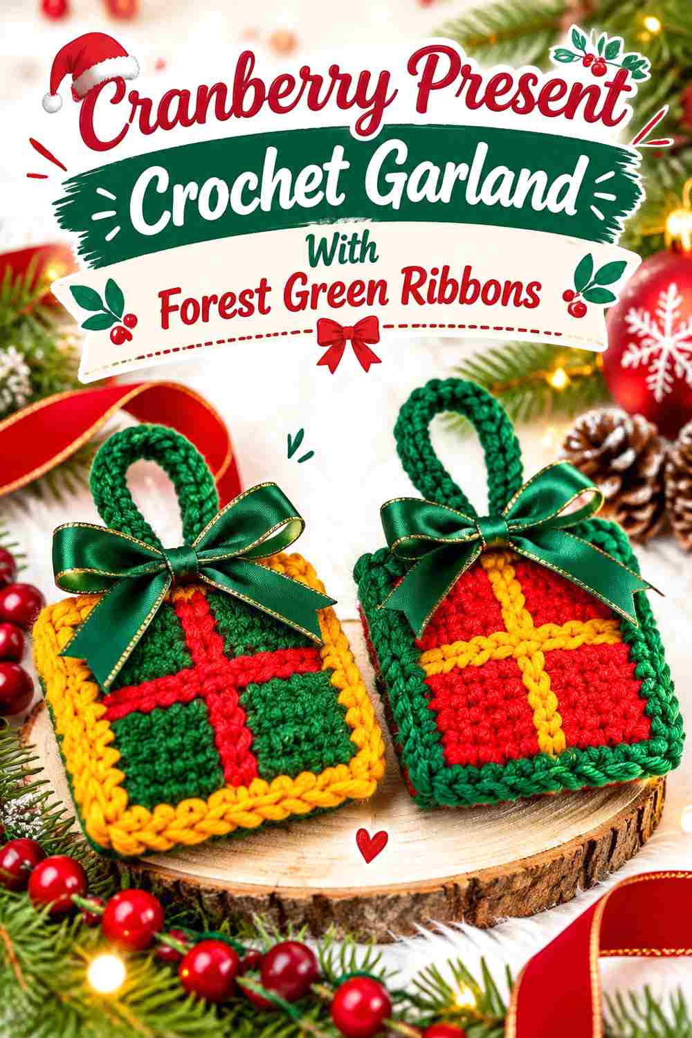 17. Cranberry Present Crochet Garland With Forest Green Ribbons