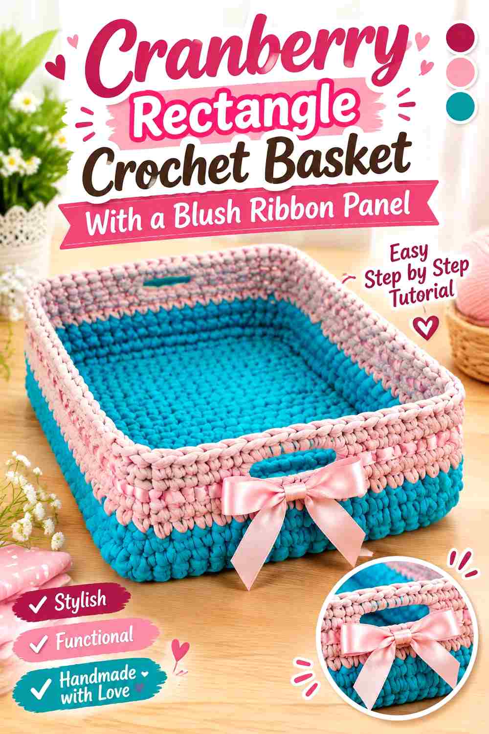 12. Cranberry Rectangle Crochet Basket With A Blush Ribbon Panel