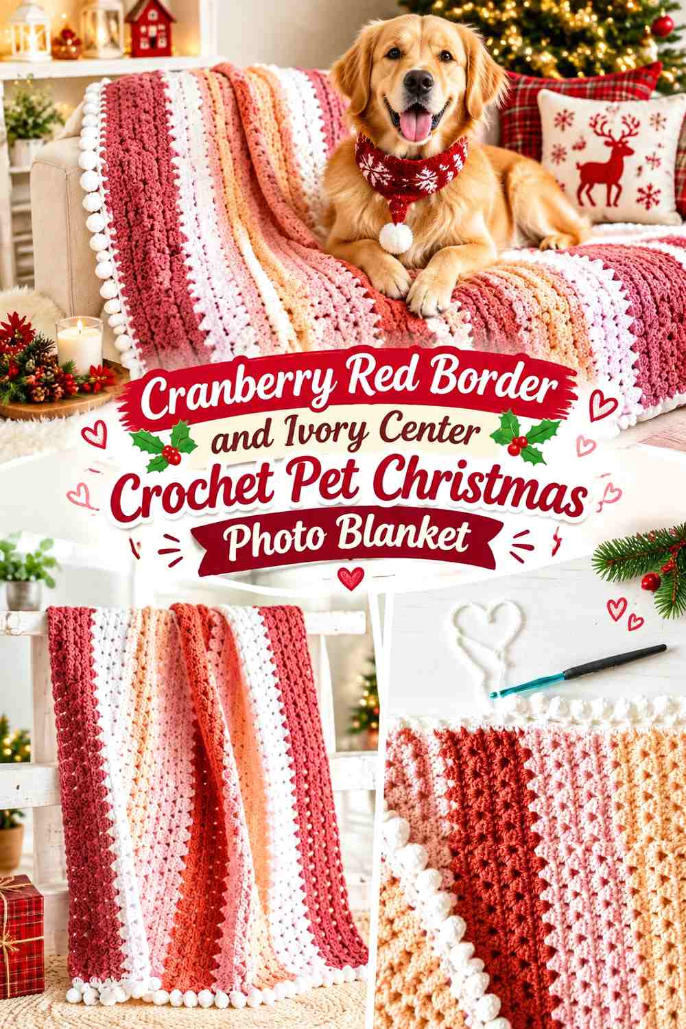 Cranberry Red Border and Ivory Center Crochet Pet Christmas Photo Blanket