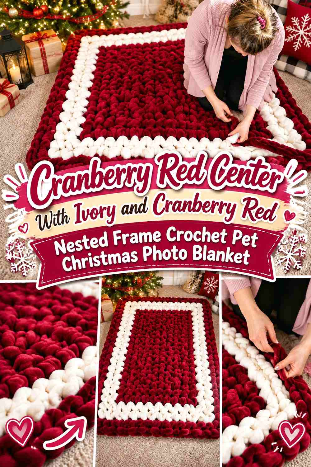 Cranberry Red Center With Ivory and Cranberry Red Nested Frame Crochet Pet Christmas Photo Blanket