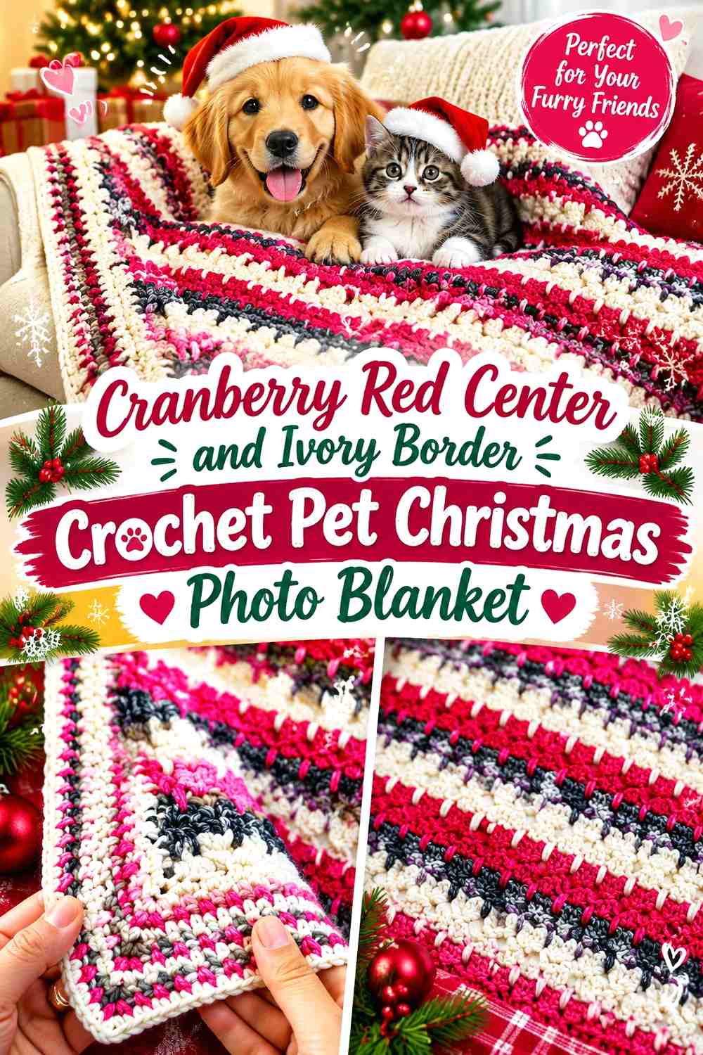Cranberry Red Center and Ivory Border Crochet Pet Christmas Photo Blanket