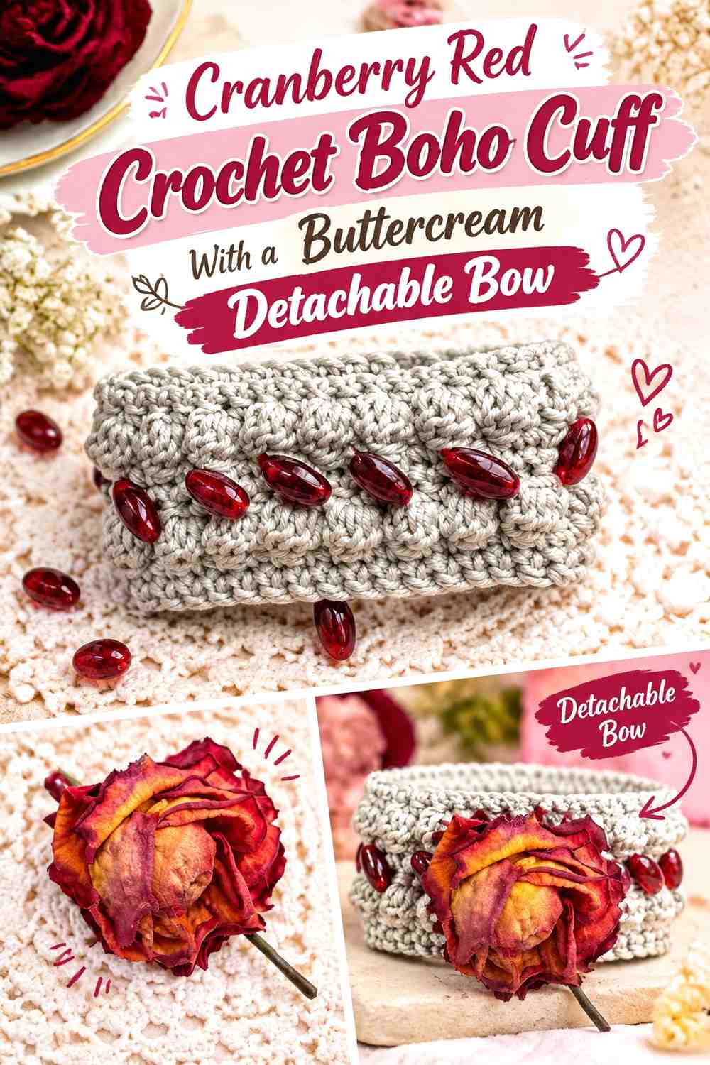 Cranberry Red Crochet Boho Cuff With a Buttercream Detachable Bow