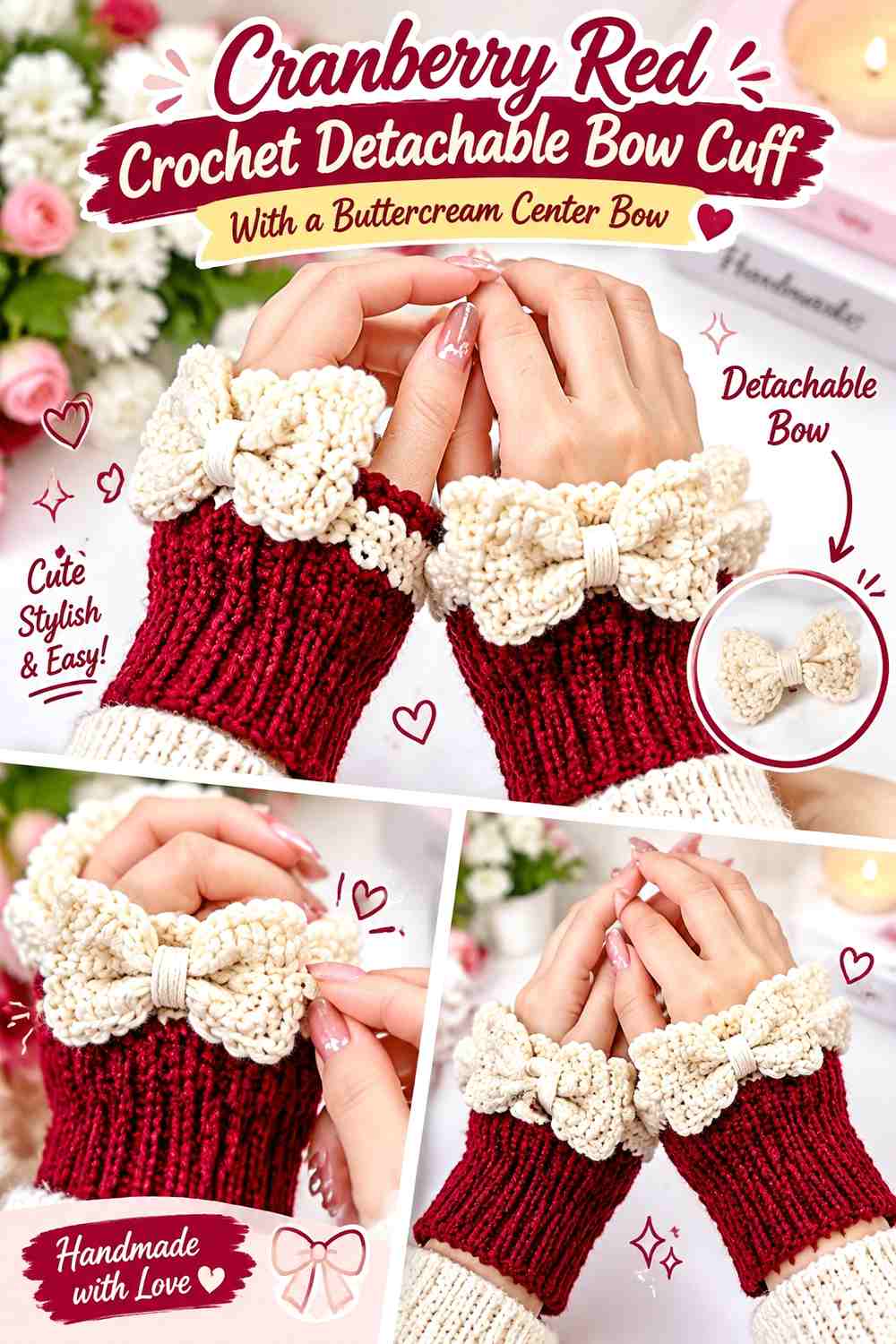 Cranberry Red Crochet Detachable Bow Cuff With a Buttercream Center Bow