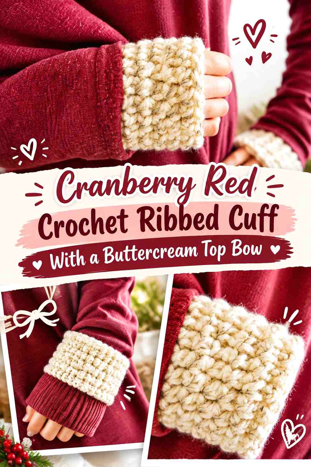 Cranberry Red Crochet Ribbed Cuff With a Buttercream Top Bow