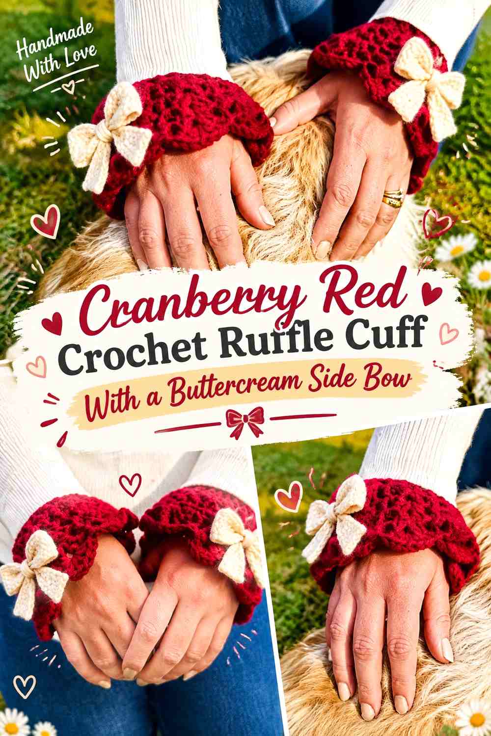 Cranberry Red Crochet Ruffle Cuff With a Buttercream Side Bow