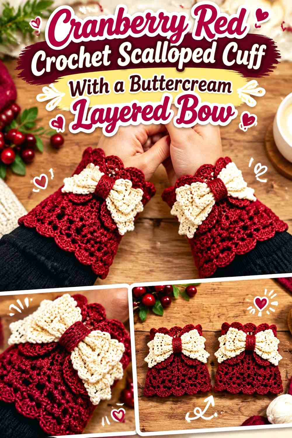 Cranberry Red Crochet Scalloped Cuff With a Buttercream Layered Bow