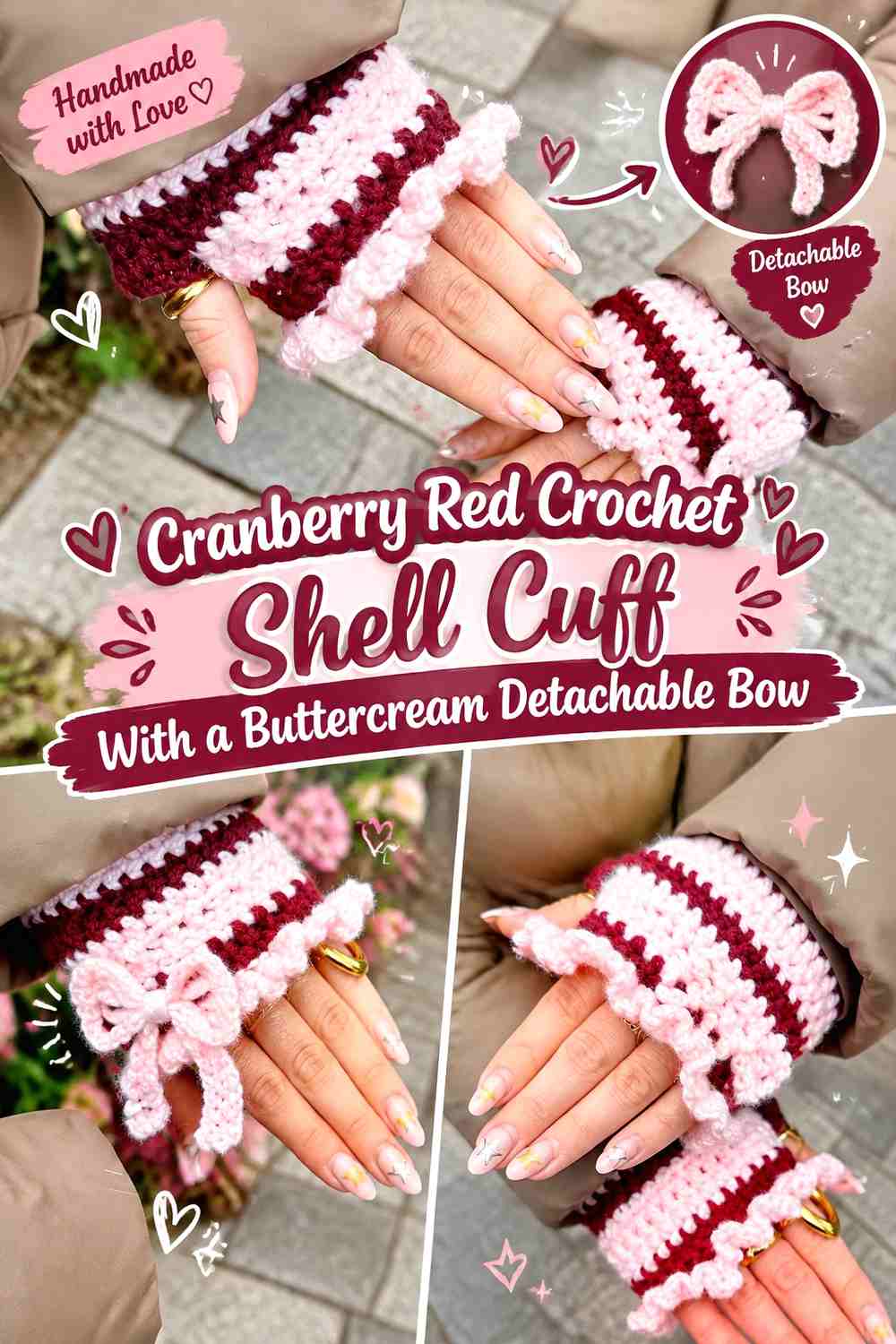 Cranberry Red Crochet Shell Cuff With a Buttercream Detachable Bow