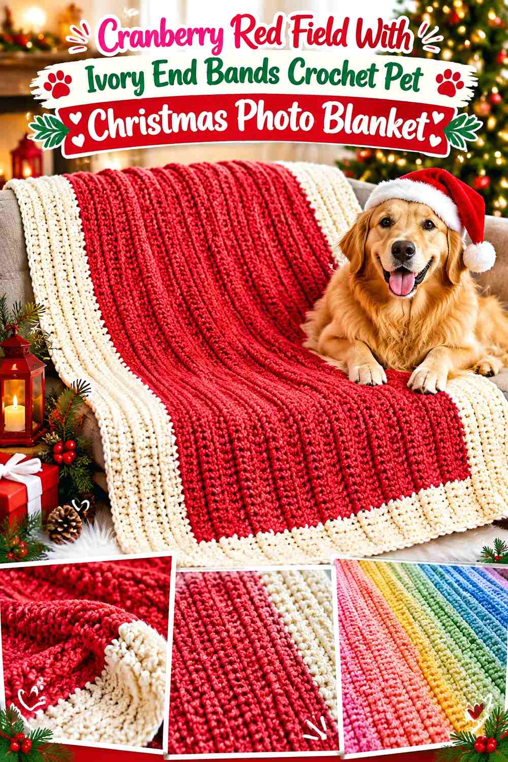 Cranberry Red Field With Ivory End Bands Crochet Pet Christmas Photo Blanket