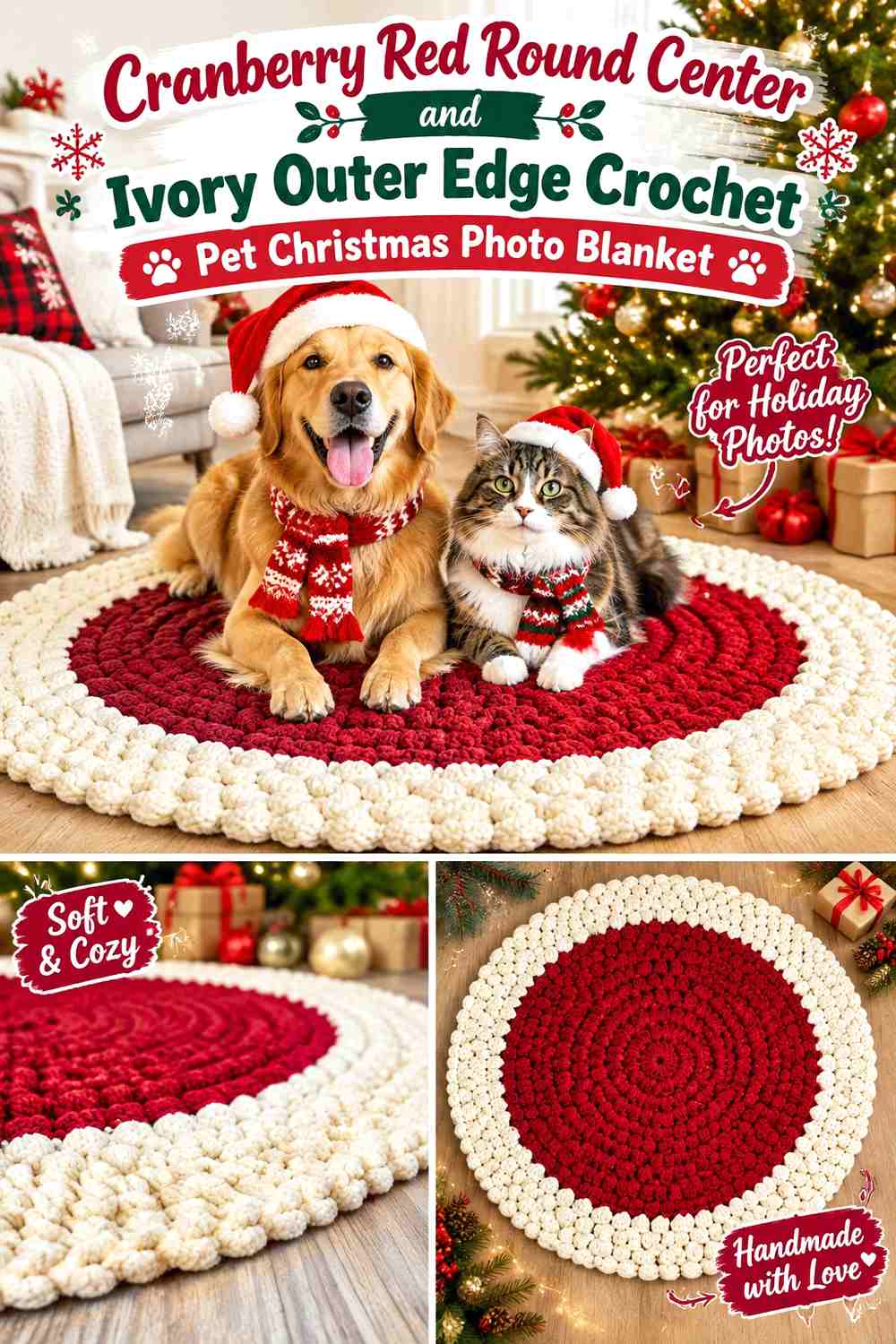 Cranberry Red Round Center and Ivory Outer Edge Crochet Pet Christmas Photo Blanket