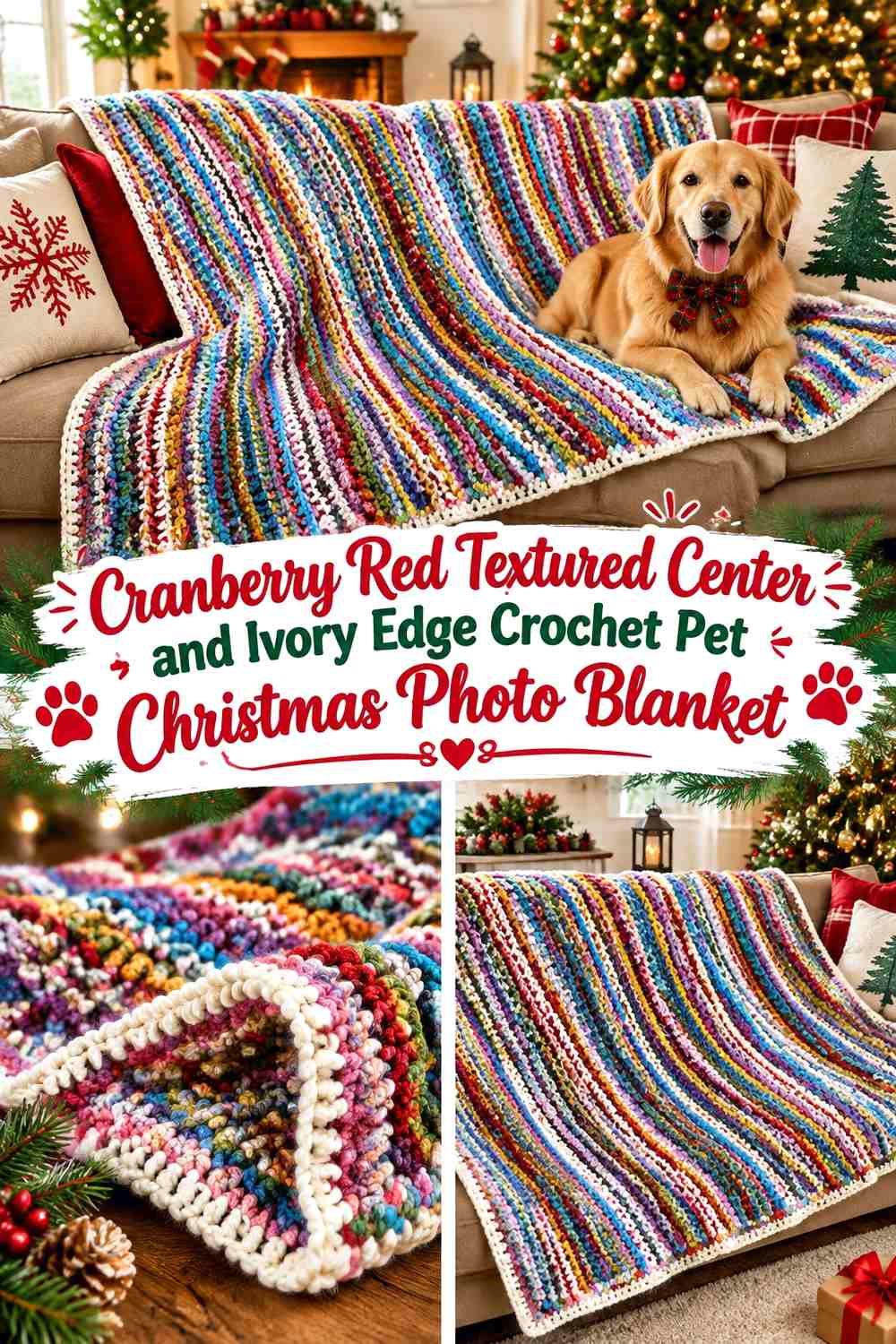 Cranberry Red Textured Center and Ivory Edge Crochet Pet Christmas Photo Blanket