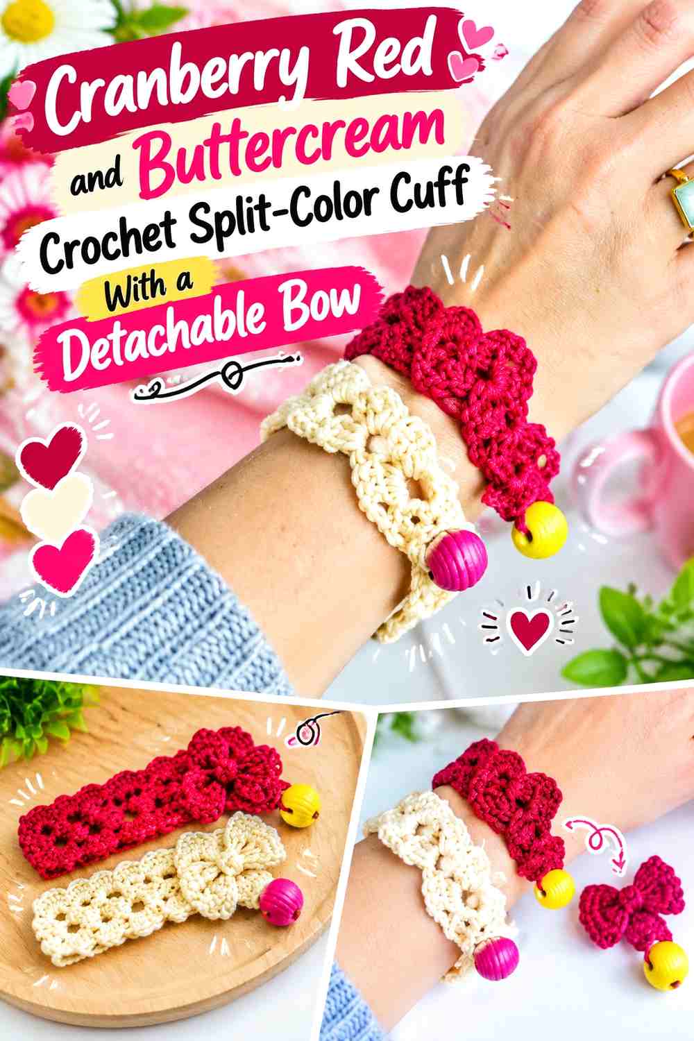 Cranberry Red and Buttercream Crochet Split-Color Cuff With a Detachable Bow