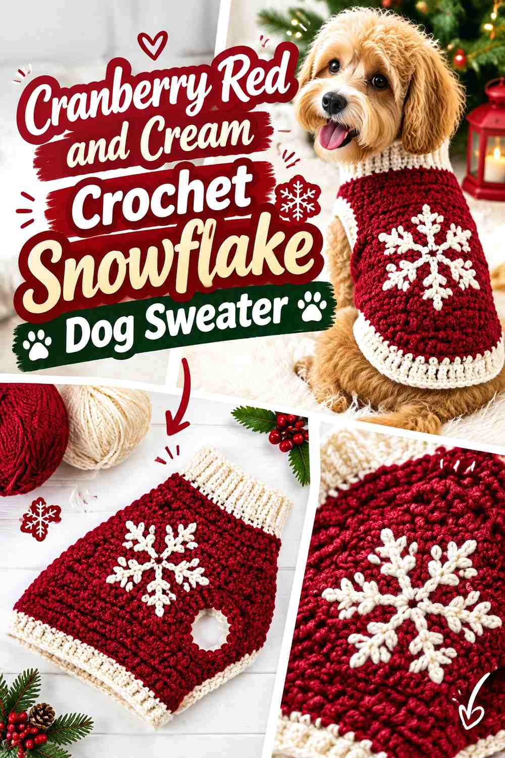 Cranberry Red and Cream Crochet Snowflake Dog Sweater