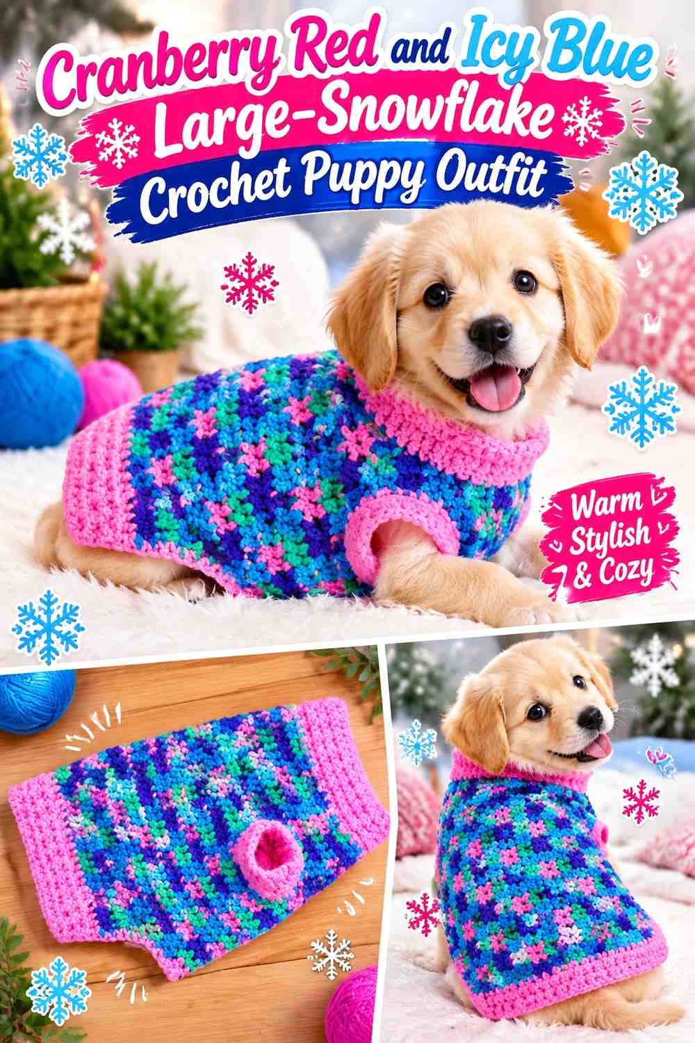 Cranberry Red and Icy Blue Large-Snowflake Crochet Puppy Outfit