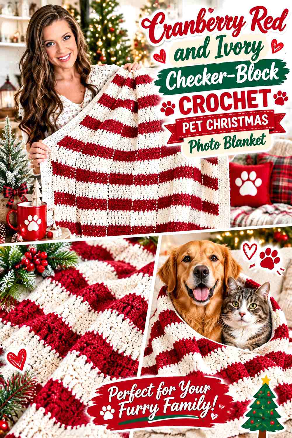 Cranberry Red and Ivory Checker-Block Crochet Pet Christmas Photo Blanket