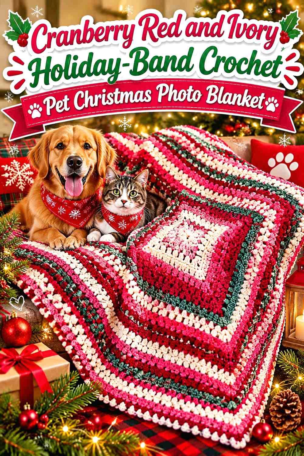 Cranberry Red and Ivory Holiday-Band Crochet Pet Christmas Photo Blanket