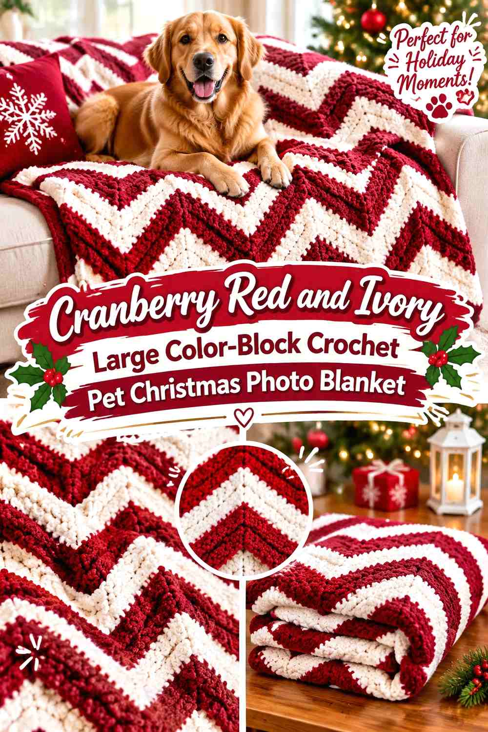 Cranberry Red and Ivory Large Color-Block Crochet Pet Christmas Photo Blanket