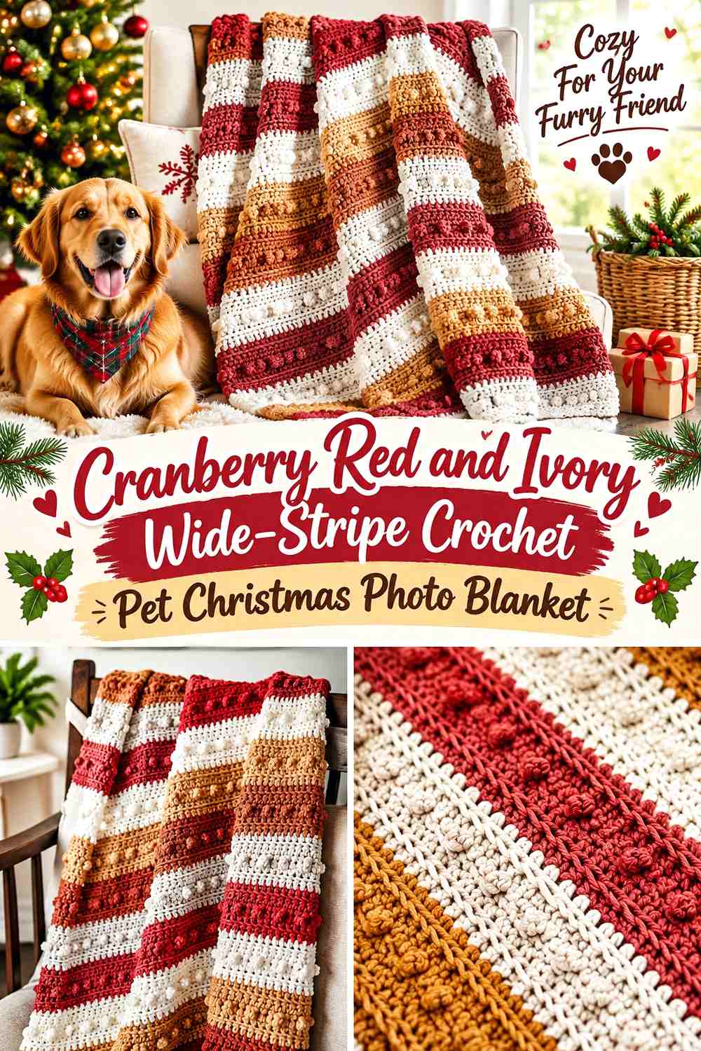 Cranberry Red and Ivory Wide-Stripe Crochet Pet Christmas Photo Blanket