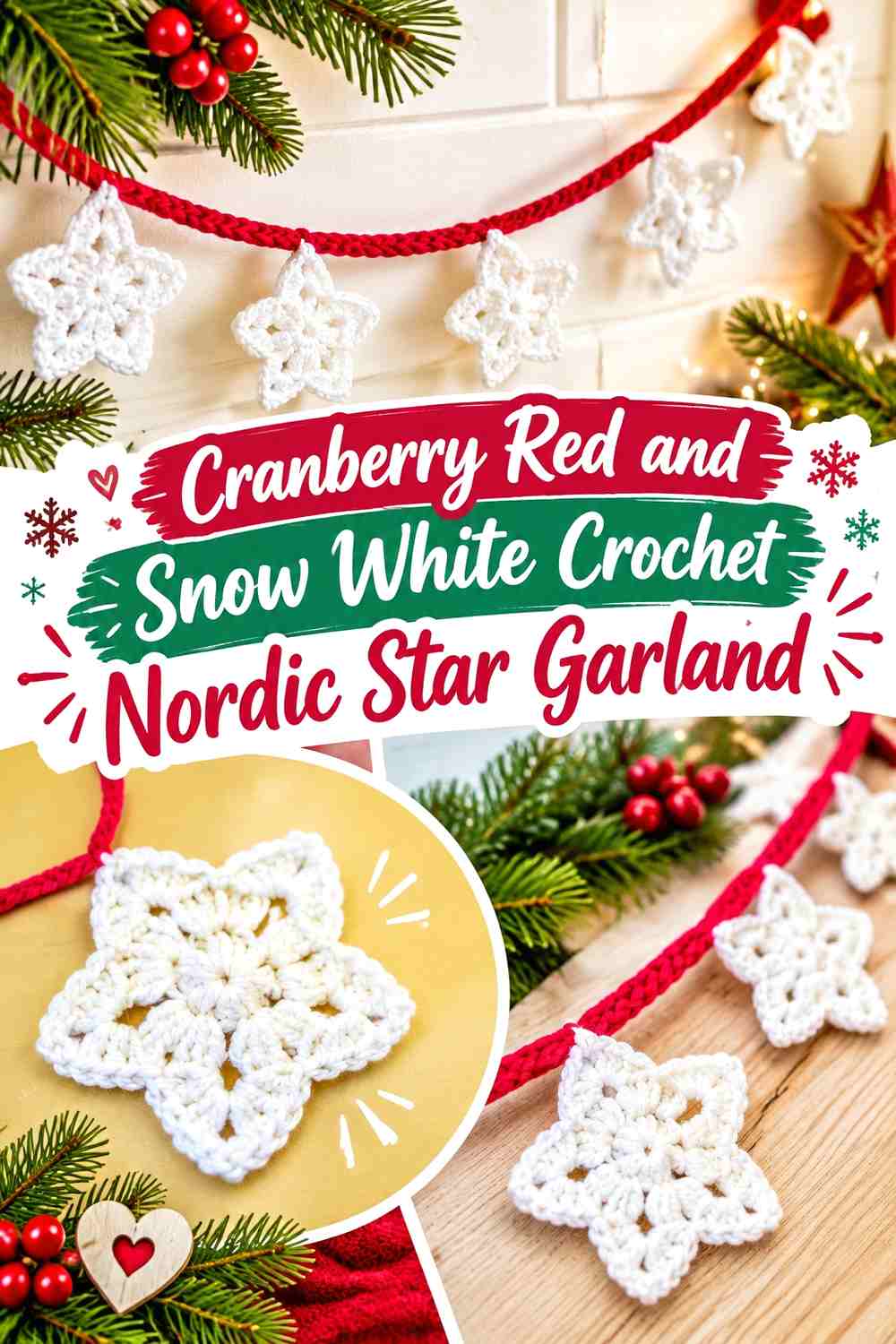 Cranberry Red and Snow White Crochet Nordic Star Garland
