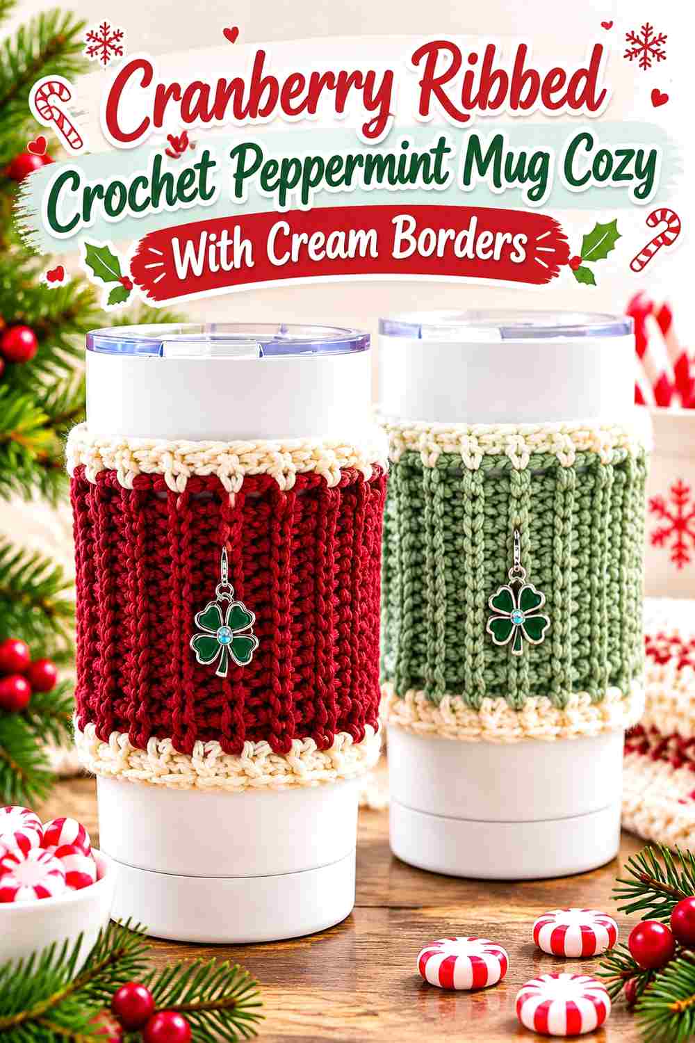 5. Cranberry Ribbed Crochet Peppermint Mug Cozy With Cream Borders