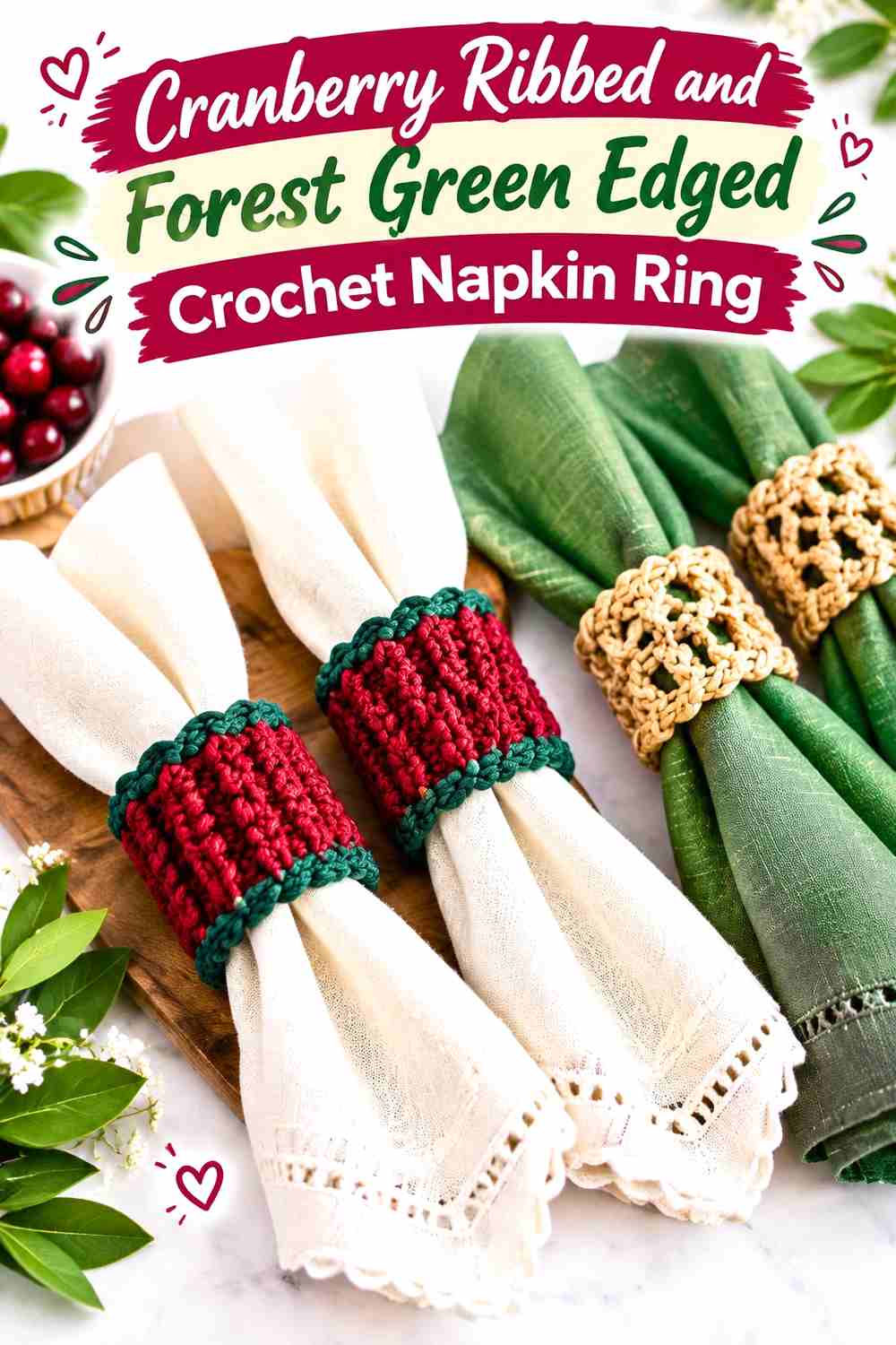 7. Cranberry Ribbed And Forest Green Edged Crochet Napkin Ring