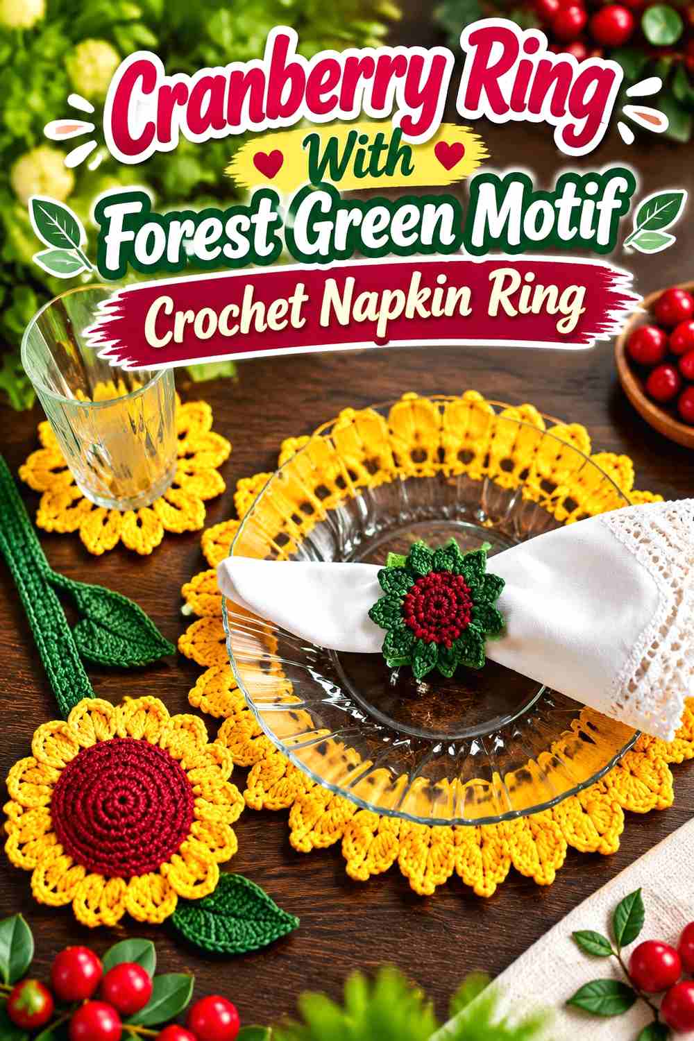 13. Cranberry Ring With Forest Green Motif Crochet Napkin Ring