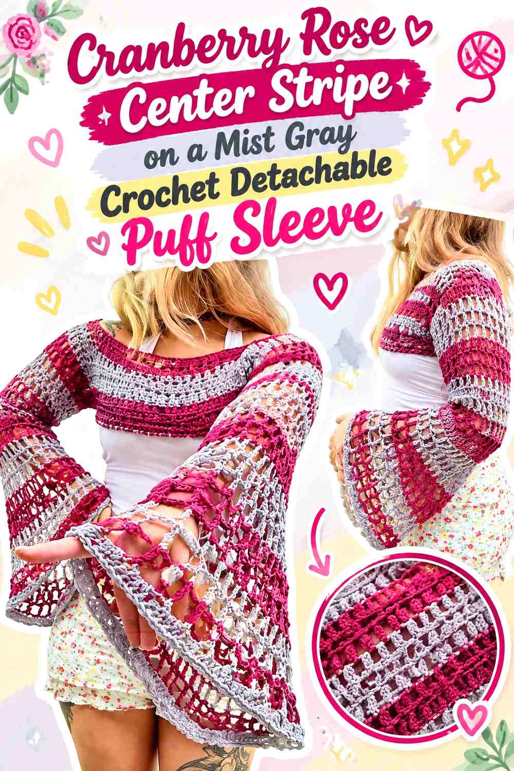 Cranberry Rose Center Stripe on a Mist Gray Crochet Detachable Puff Sleeve
