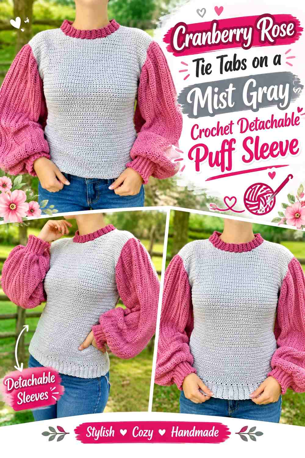 Cranberry Rose Tie Tabs on a Mist Gray Crochet Detachable Puff Sleeve