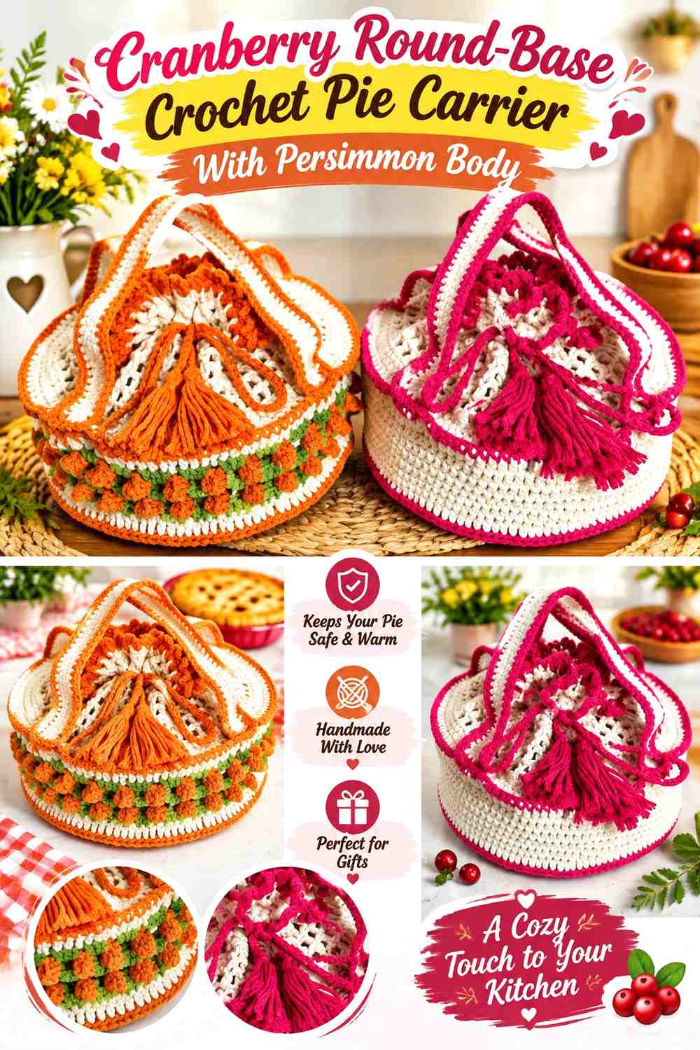 12. Cranberry Round Base Crochet Pie Carrier With Persimmon Body