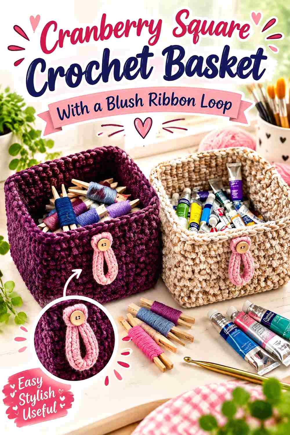 5. Cranberry Square Crochet Basket With A Blush Ribbon Loop