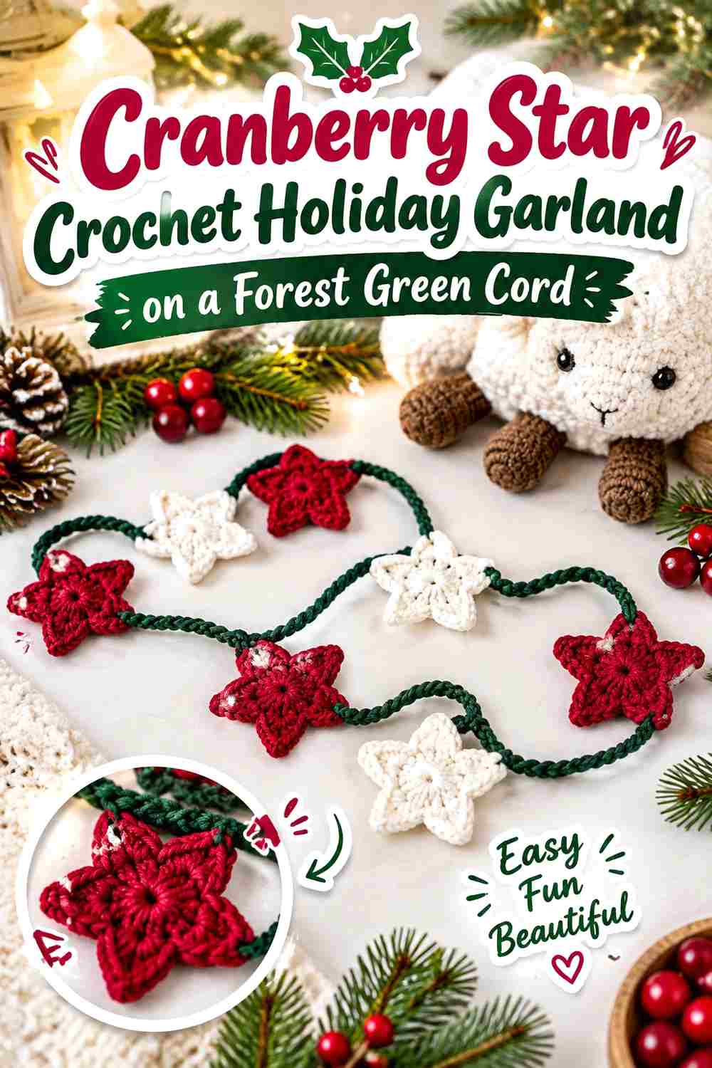 5. Cranberry Star Crochet Holiday Garland On A Forest Green Cord