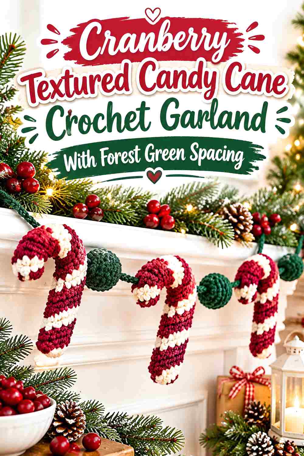 16. Cranberry Textured Candy Cane Crochet Garland With Forest Green Spacing