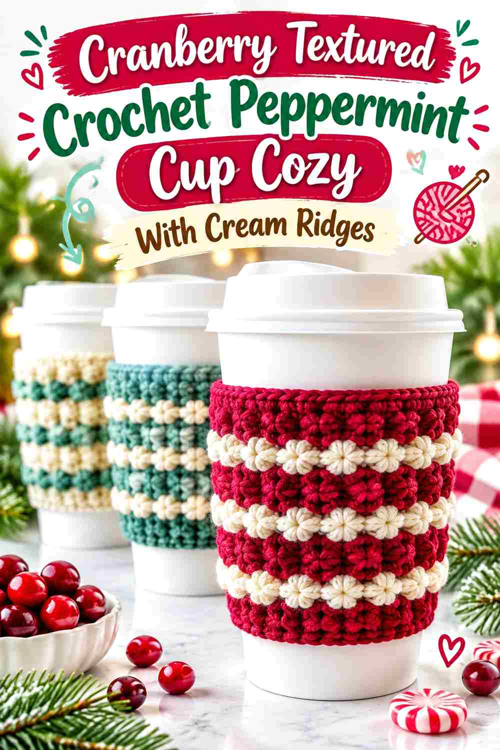 7. Cranberry Textured Crochet Peppermint Cup Cozy With Cream Ridges