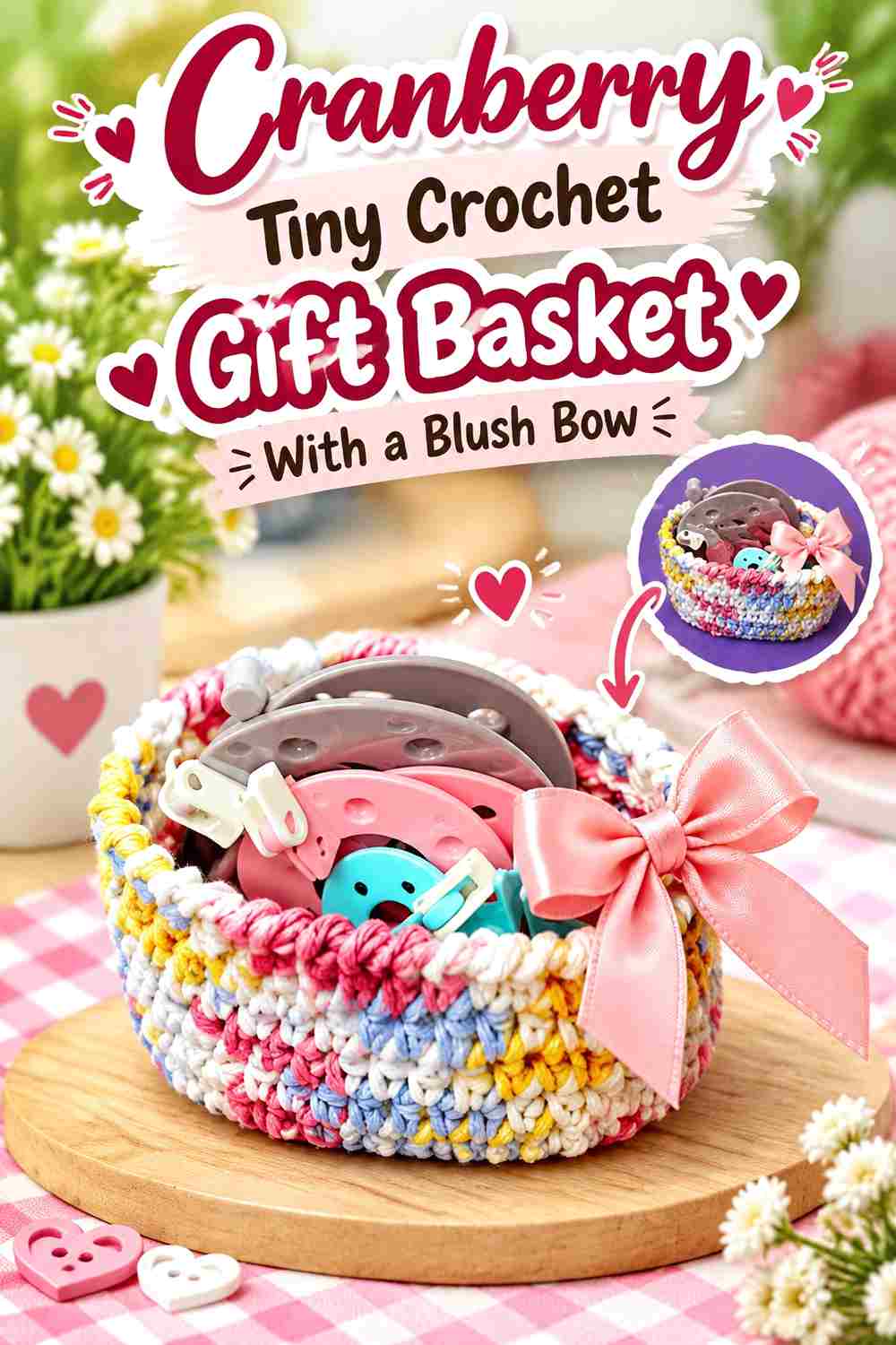 13. Cranberry Tiny Crochet Gift Basket With A Blush Bow