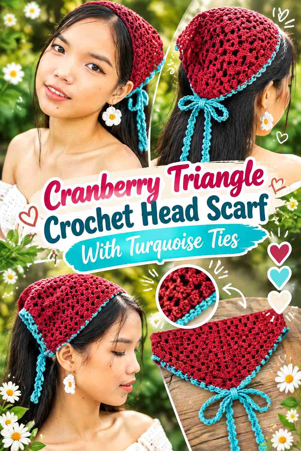 8. Cranberry Triangle Crochet Head Scarf With Turquoise Ties