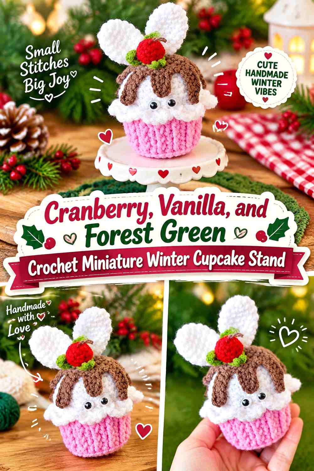 Cranberry, Vanilla, and Forest Green Crochet Miniature Winter Cupcake Stand