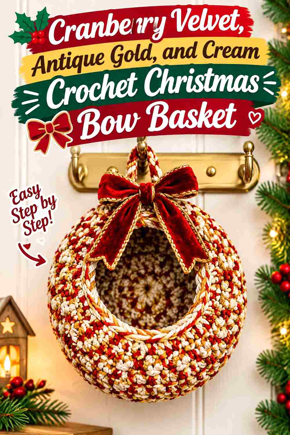 17. Cranberry Velvet Antique Gold And Cream Crochet Christmas Bow Basket