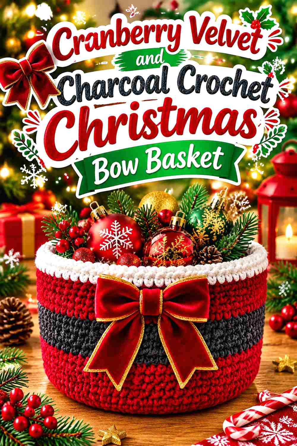4. Cranberry Velvet And Charcoal Crochet Christmas Bow Basket