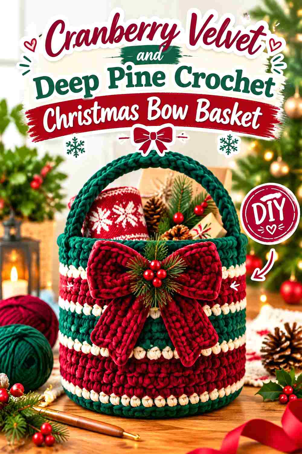 6. Cranberry Velvet And Deep Pine Crochet Christmas Bow Basket